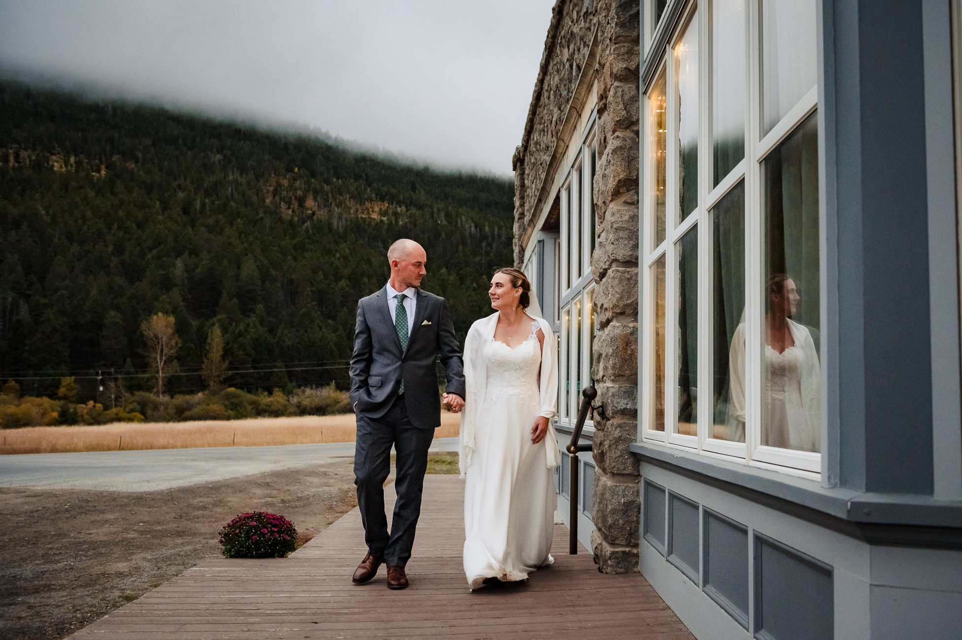 bride and groom in front of Historic Marysville General Store