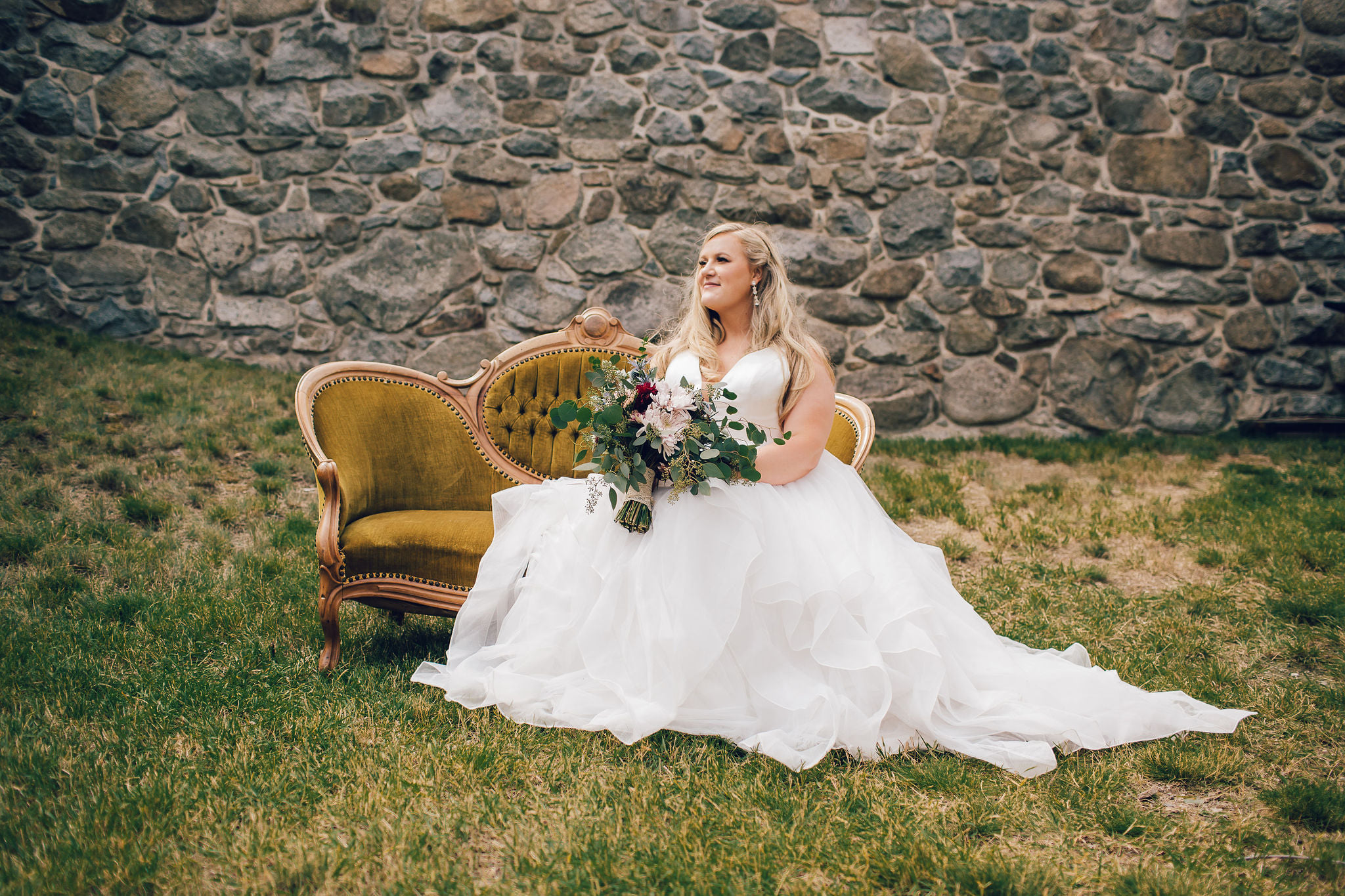 bride on vintage couch